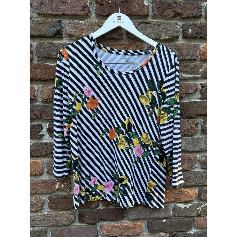 Investments Essentials‎ Petites  Size L  3/4 Sleeve Blouse Top lemons stripes - Picture 2 of 9